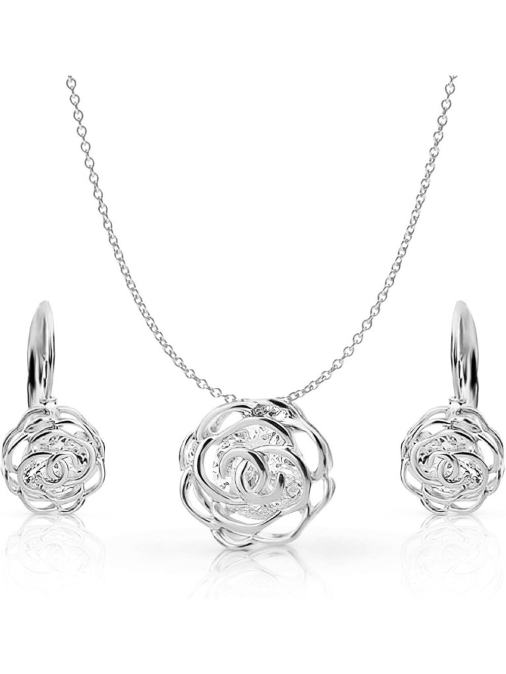 Elegant 18K Gold Plated White Crystal Floral Necklace & Earrings Set for